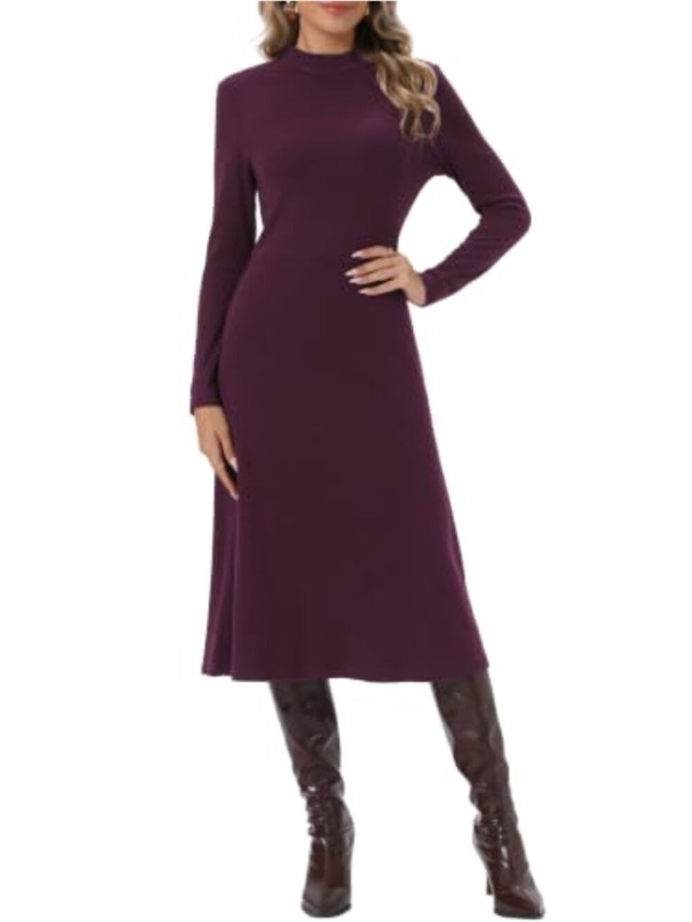 Allegra K Ribbed Knit Midi Dress Women's Mock Neck Long Sleeve Sweater Dress